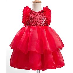 Babyhug Woven Sleeveless Layered Party Dress With Sequin & Frill Detailing - Red