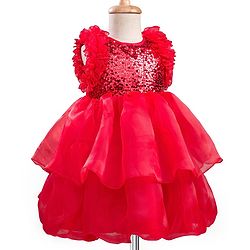 Babyhug Woven Sleeveless Layered Party Dress With Sequin & Frill Detailing - Red