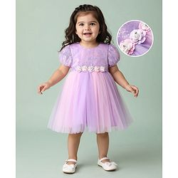 Babyhug Woven Puffed Sleeves Flared Party Dress with Sequins - Lavender