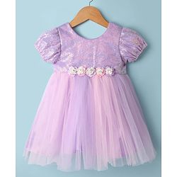 Babyhug Woven Puffed Sleeves Flared Party Dress with Sequins - Lavender