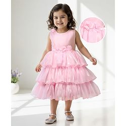 Babyhug Woven Sleeveless Fit & Flare Solid Colour Layered Partywear Dress With Corsages - Pink