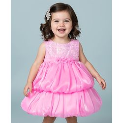 Babyhug Woven Sleeveless Party Dress With Floral Applique & Sequinned Yoke - Pink
