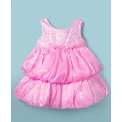 Babyhug Woven Sleeveless Party Dress With Floral Applique & Sequinned Yoke - Pink