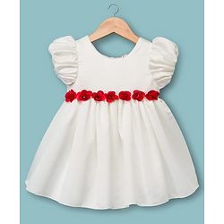 Babyhug 5 Layers With Cotton Lining Premium Satin Puff Sleeves Dress With Corsage - White & Red