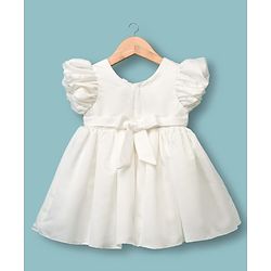 Babyhug 5 Layers With Cotton Lining Premium Satin Puff Sleeves Dress With Corsage - White & Red