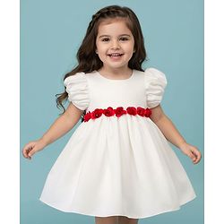 Babyhug 5 Layers With Cotton Lining Premium Satin Puff Sleeves Dress With Corsage - White & Red
