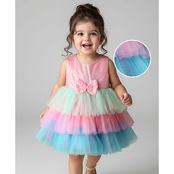Babyhug Woven Sleeveless Mesh Layered Party Dress with Bow Applique & Sequin Detailing - Multicolor