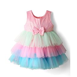 Babyhug Woven Sleeveless Mesh Layered Party Dress with Bow Applique & Sequin Detailing - Multicolor