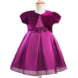 Babyhug Woven Party Dress & Half Sleeves Shrug With Floral Applique - Wine