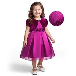 Babyhug Woven Party Dress & Half Sleeves Shrug With Floral Applique - Wine