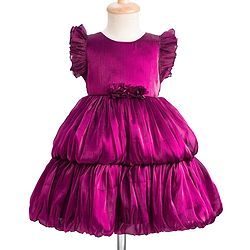 Babyhug Woven Frill Sleeves Fit & Flare Party Dress with Floral Applique - Purple