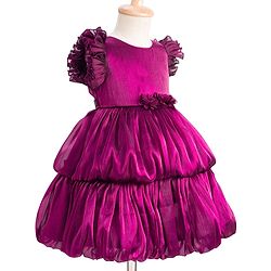 Babyhug Woven Frill Sleeves Fit & Flare Party Dress with Floral Applique - Purple