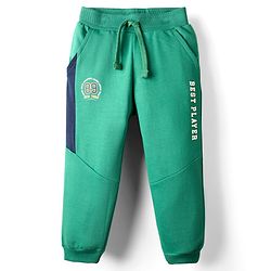 Babyhug Terry Cotton Knit Full Length Cut & Sew Lounge Pant With Text Print - Green