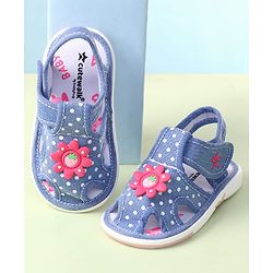 Cute Walk by Babyhug Velcro Closure Sandals with Polka Dot Print & Floral Applique - Blue