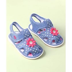 Cute Walk by Babyhug Velcro Closure Sandals with Polka Dot Print & Floral Applique - Blue