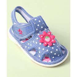 Cute Walk by Babyhug Velcro Closure Sandals with Polka Dot Print & Floral Applique - Blue