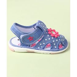 Cute Walk by Babyhug Velcro Closure Sandals with Polka Dot Print & Floral Applique - Blue