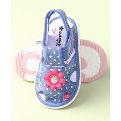 Cute Walk by Babyhug Velcro Closure Sandals with Polka Dot Print & Floral Applique - Blue