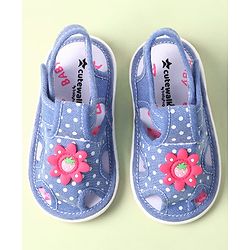 Cute Walk by Babyhug Velcro Closure Sandals with Polka Dot Print & Floral Applique - Blue