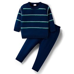 Babyhug Knit Full Sleeves Sweater Set With Stripes - Navy Blue