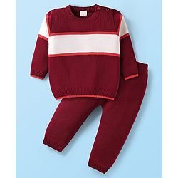 Babyhug Knit Full Sleeves Striped Pullover Sweater Set - Maroon White & Orange