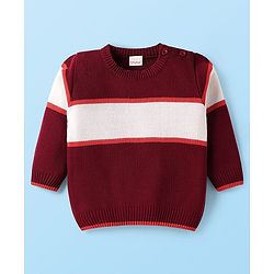 Babyhug Knit Full Sleeves Striped Pullover Sweater Set - Maroon White & Orange