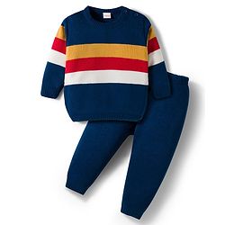 Babyhug Knit Full Sleeves Sweater Sets With Stripe Design - Navy Blue & White