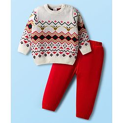 Babyhug Knit Full Sleeves Sweater Set with Fair Isle Design - White & Red