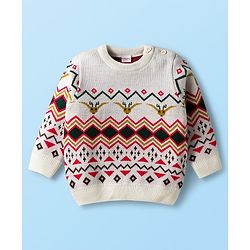 Babyhug Knit Full Sleeves Sweater Set with Fair Isle Design - White & Red