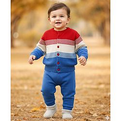 Babyhug Knit Full Sleeves Front Open Sweater Set with Stripes & Color Block Design - Red White & Royal Blue