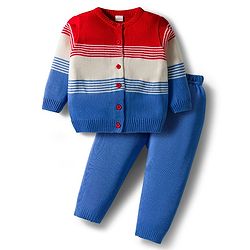 Babyhug Knit Full Sleeves Front Open Sweater Set with Stripes & Color Block Design - Red White & Royal Blue