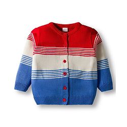 Babyhug Knit Full Sleeves Front Open Sweater Set with Stripes & Color Block Design - Red White & Royal Blue
