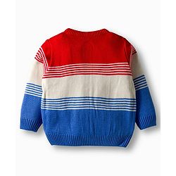 Babyhug Knit Full Sleeves Front Open Sweater Set with Stripes & Color Block Design - Red White & Royal Blue