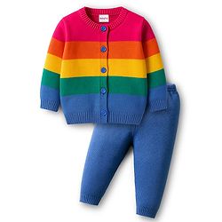 Babyhug Knit Full Sleeves Front Open Sweater Set with Stripes - Multicolor