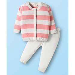Babyhug Knit Full Sleeves Front Open Sweater Sets With Stripe Design - White & Pink