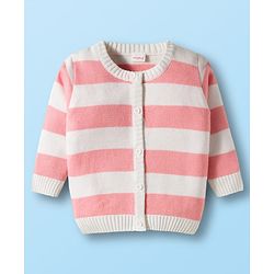 Babyhug Knit Full Sleeves Front Open Sweater Sets With Stripe Design - White & Pink