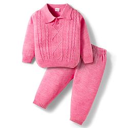 Babyhug Knit Full Sleeves Collar Neck Sweater Set With Cable Knit Design - Pink
