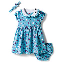 Babyhug Single Jersey Knit Half Sleeves Frock with Bloomer with Peter Pan Collar Fruits & Floral Print & Bow Applique Headband - Light Blue