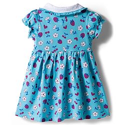 Babyhug Single Jersey Knit Half Sleeves Frock with Bloomer with Peter Pan Collar Fruits & Floral Print & Bow Applique Headband - Light Blue
