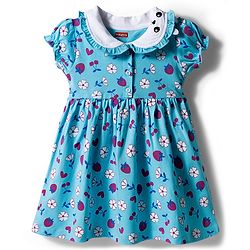 Babyhug Single Jersey Knit Half Sleeves Frock with Bloomer with Peter Pan Collar Fruits & Floral Print & Bow Applique Headband - Light Blue