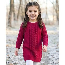 Babyhug Knitted Full Sleeves Pullover Sweater Dress With Cable Knit Design - Dark Pink