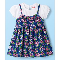 Babyhug Single Jersey Knit Half Sleeves Frock With Floral Print - Blue & White