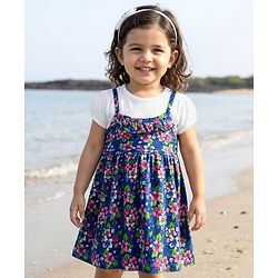 Babyhug Single Jersey Knit Half Sleeves Frock With Floral Print - Blue & White