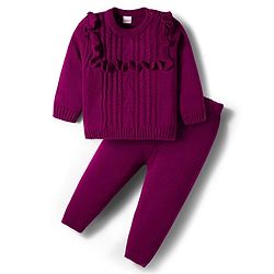 Babyhug Knit Full Sleeves Sweater Sets With Frill Detailing & Cable Knit Design - Wine