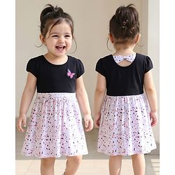 Babyhug Single Jersey Knit Half Sleeves Printed Frock with Butterfly Patch - Multicolor