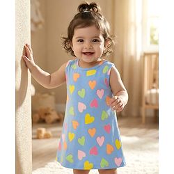 Babyhug 100% Cotton Single Jersey Knit Sleeveless Frock With Heart Print - Blue