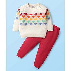 Babyhug Knit Raglan Full Sleeves Hearts Designed Pullover Sweater & Pant Set - White & Red
