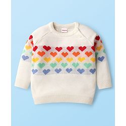 Babyhug Knit Raglan Full Sleeves Hearts Designed Pullover Sweater & Pant Set - White & Red