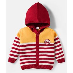 Babyhug Knitted Full Sleeves Hooded Sweater Set With Forest Patch - Red