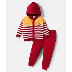 Babyhug Knitted Full Sleeves Hooded Sweater Set With Forest Patch - Red